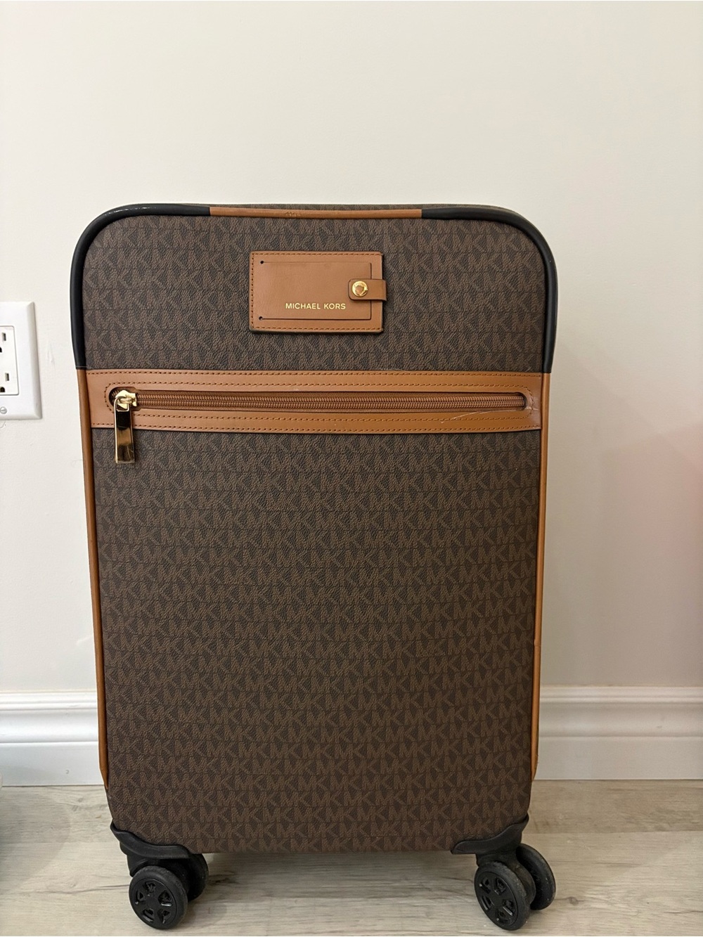 Michael Kors Brown Monogram Spinner Carry-On with Tan Trim